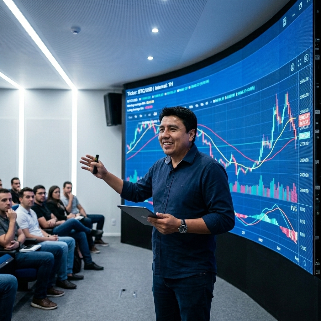 René Barrientos Cedillo presentando análisis de Bitcoin